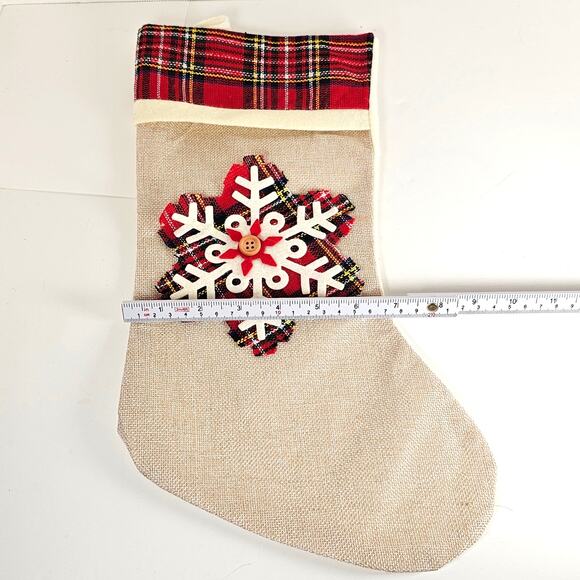 Plaid Snowflake Christmas Stocking 15" Red Beige Button Accent Hanging Loop - Picture 8 of 11